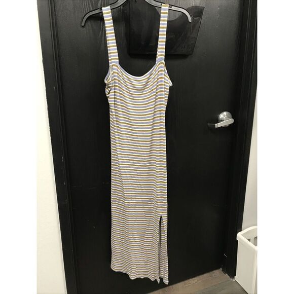RVCA Women Multi Striped Midi Dress Straps M Slit Stretch Pullover Logo - Picture 2 of 8
